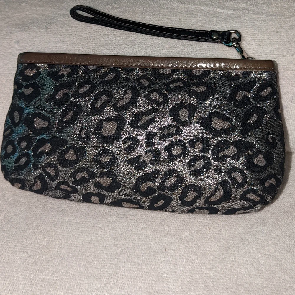 Coach Madison Ocelot gray metallic black leopard wristlet.